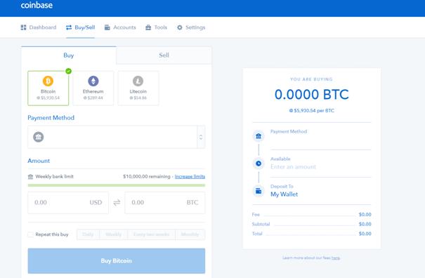 Coinbase user interface