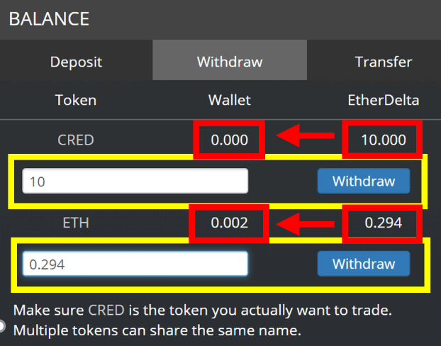 Deposit Etherdelta wallet