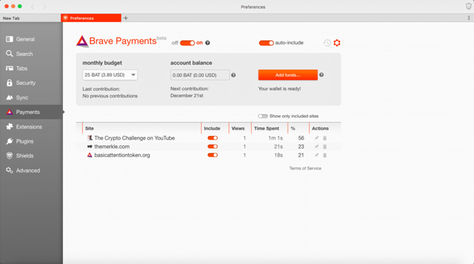 Brave Payments dashboard