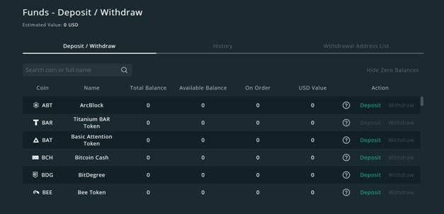 Deposit Withdraw tab