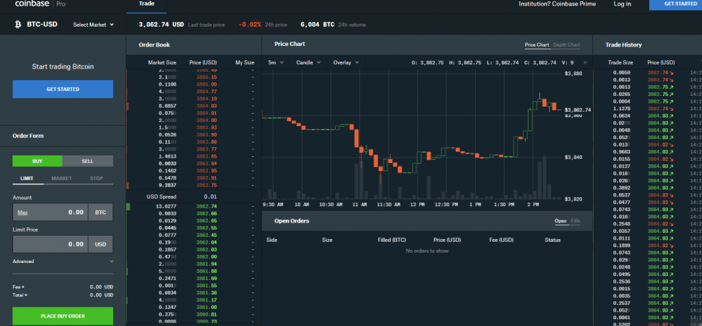 coinbase pro exchange user interface