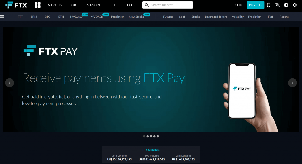FTX exchange homepage