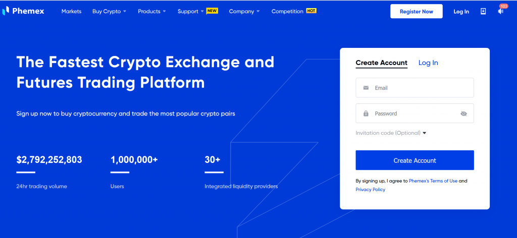 Phemex website homepage