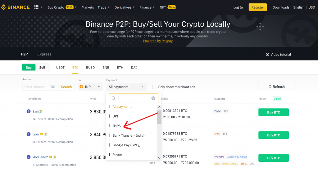 Binance buy via IMPS