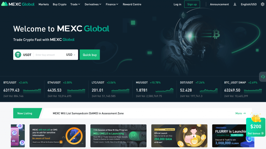 MEXC exchange homepage