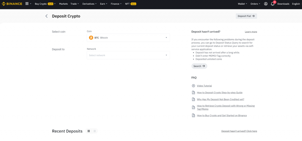 binance deposit tab