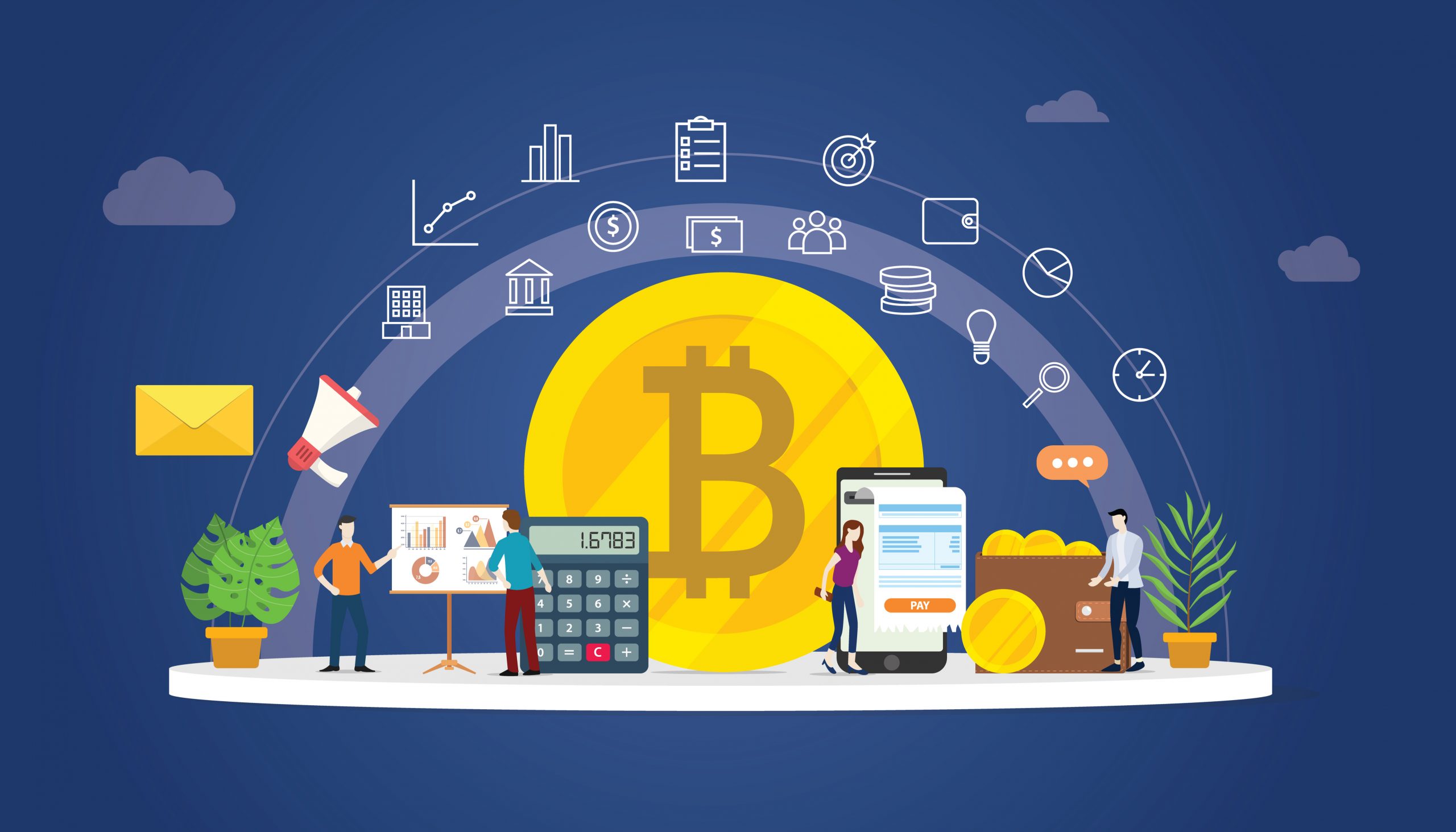 bitcoin cryptocurrency digital money business with gold coin icons and team people working together to manage finance investment - vector illustration