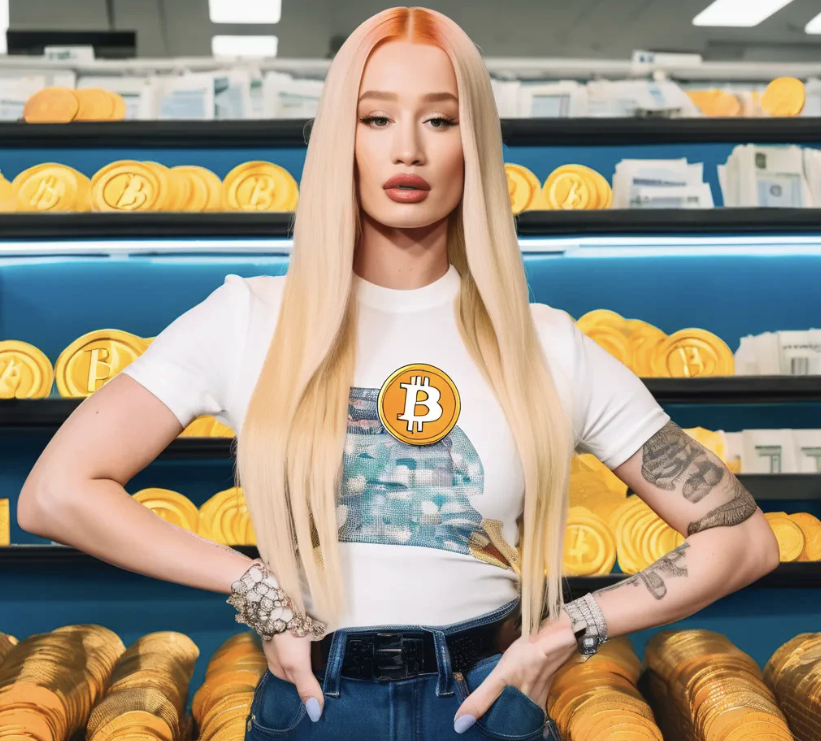 Iggy Azalea standing with a Bitcoin t-shirt on