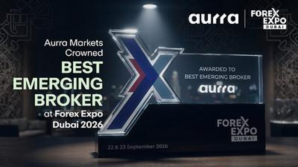 Aurra Markets crowned Best Emerging Broker at Forex Expo Dubai 2026, featuring the award trophy alongside Aurra Markets and Forex Expo Dubai branding. The event took place on 22–23 September 2026